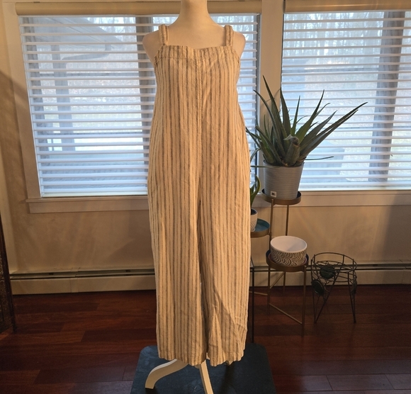 Linen Striped Wide Leg Boho Cottage Jumpsuit Womens Size Medium Black Cream - Picture 1 of 6